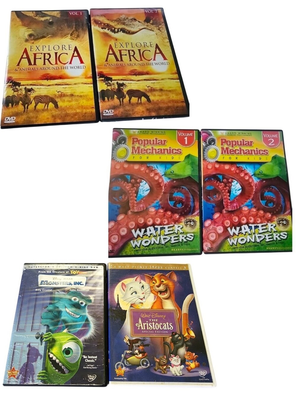 6pc DVD Set Explore Africa, Popular Mechanics, Monsters Inc, Aristocats